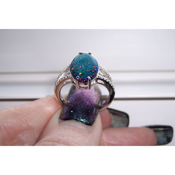 925 STERLING SILVER Lab Created Black Opal CZ Ring - Picture 7 of 16